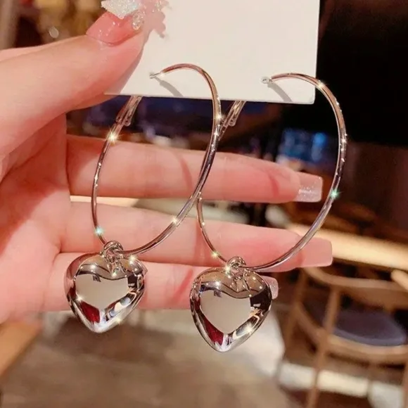 Silver Heart Hoop Earrings - Picture 1 of 3
